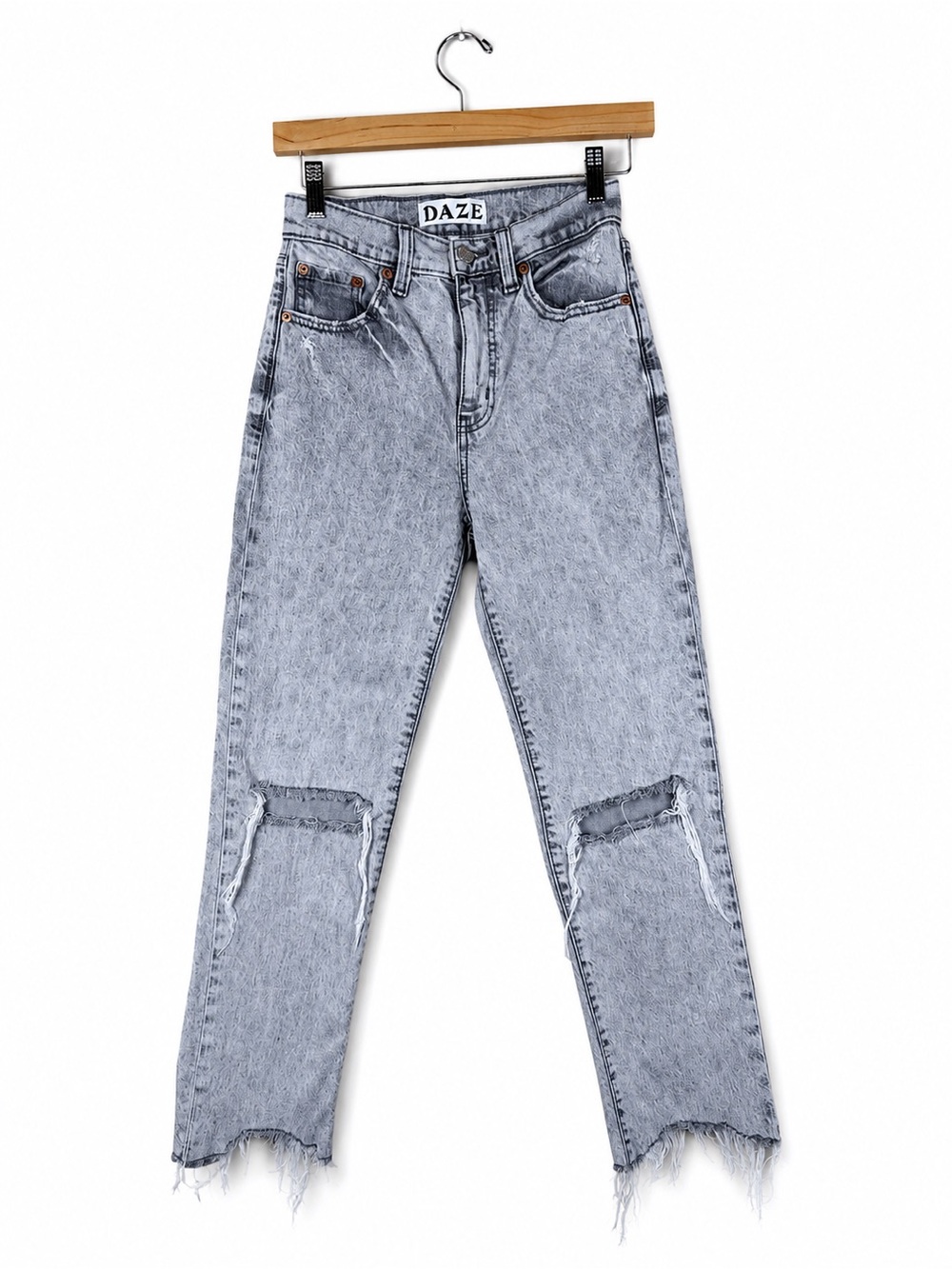 DAZE Tough Love High Rise Distressed Straight Leg Jeans Gray Size 24